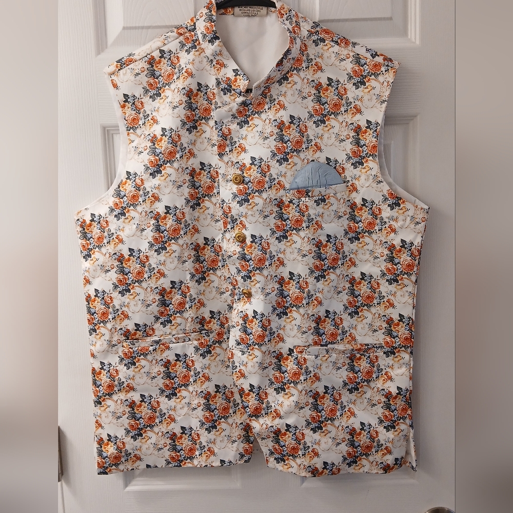 SKAVIJ Orange Floral Dress Vest – Statement Banded Collar Waistcoat Size L / 42